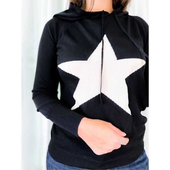 Black with white Star Print Long Sleeve Hooded Sweater size 2XL/3XL NWT - Picture 2 of 14
